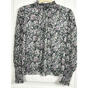 Wilfred Aritzia Floral Smocked Sheer Blouse XS Purple Long Sleeve Romantic Top
